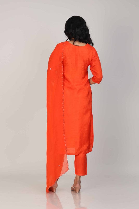 Dark Orange 3/4th Sleeves Dola silk Embellishment work with sequin work placement Calf length Kurta Set - With Dupatta