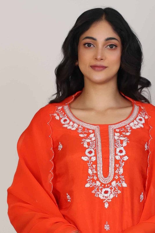 Dark Orange 3/4th Sleeves Dola silk Embellishment work with sequin work placement Calf length Kurta Set - With Dupatta