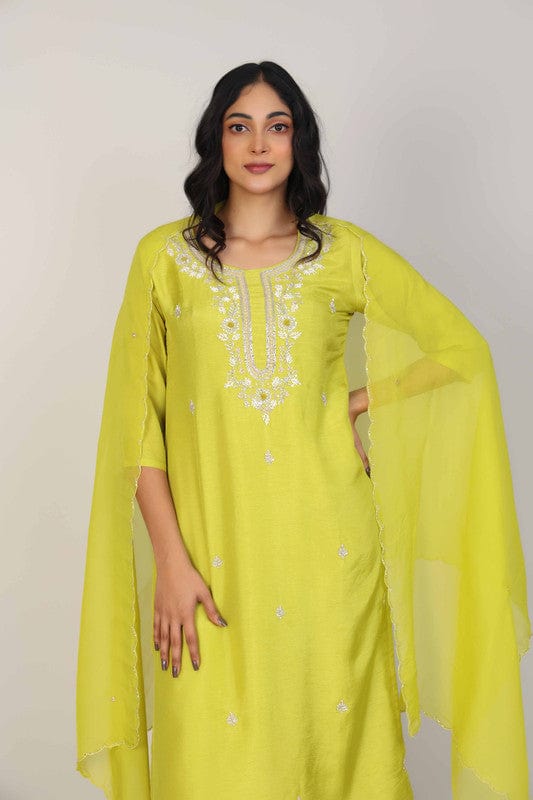 Lime Green 3/4th Sleeves Dola silk Embellishment work with sequin work placement Calf length Kurta Set - With Dupatta