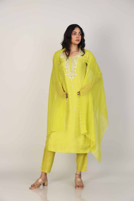 Lime Green 3/4th Sleeves Dola silk Embellishment work with sequin work placement Calf length Kurta Set - With Dupatta
