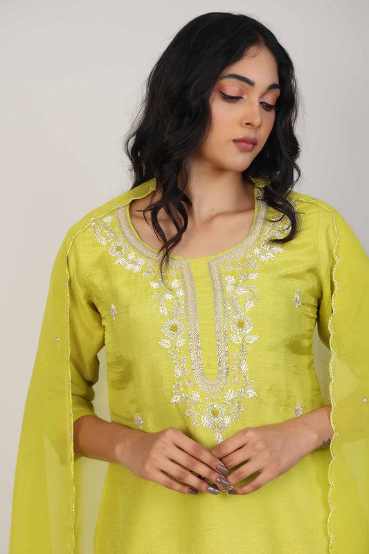 Lime Green 3/4th Sleeves Dola silk Embellishment work with sequin work placement Calf length Kurta Set - With Dupatta