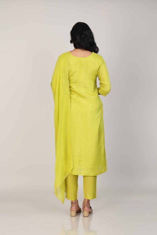 Lime Green 3/4th Sleeves Dola silk Embellishment work with sequin work placement Calf length Kurta Set - With Dupatta
