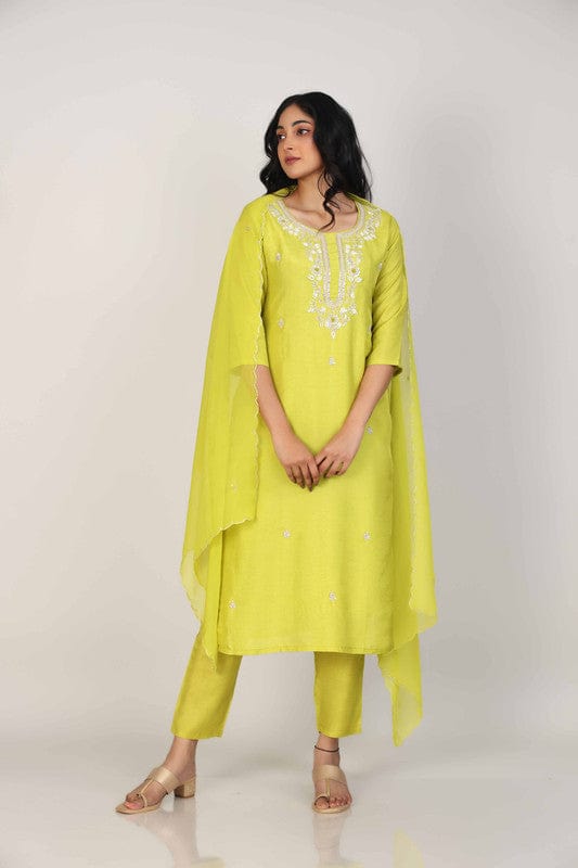 Lime Green 3/4th Sleeves Dola silk Embellishment work with sequin work placement Calf length Kurta Set - With Dupatta