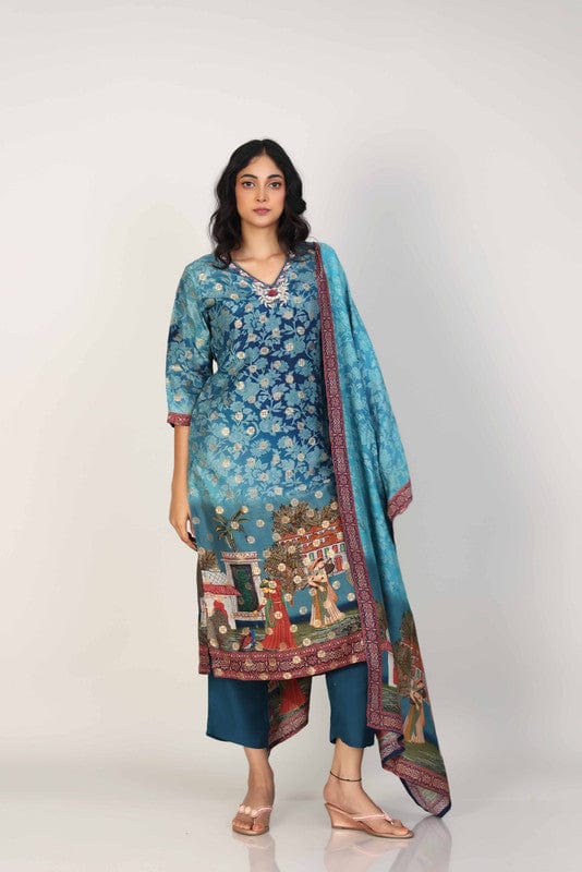 Navy 3/4th Sleeves Silk Chanderi All over Jacquard print with embellishments Calf length Kurta Set - With Dupatta