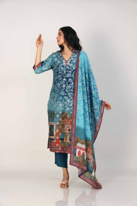 Navy 3/4th Sleeves Silk Chanderi All over Jacquard print with embellishments Calf length Kurta Set - With Dupatta