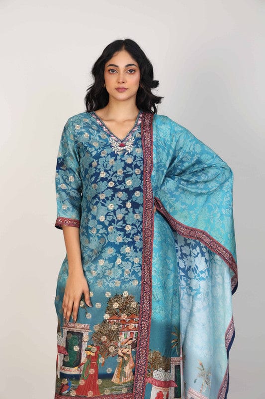 Navy 3/4th Sleeves Silk Chanderi All over Jacquard print with embellishments Calf length Kurta Set - With Dupatta