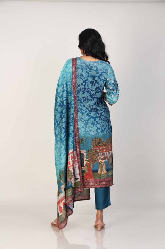 Navy 3/4th Sleeves Silk Chanderi All over Jacquard print with embellishments Calf length Kurta Set - With Dupatta