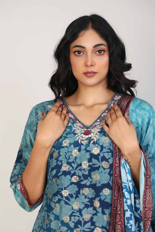 Navy 3/4th Sleeves Silk Chanderi All over Jacquard print with embellishments Calf length Kurta Set - With Dupatta