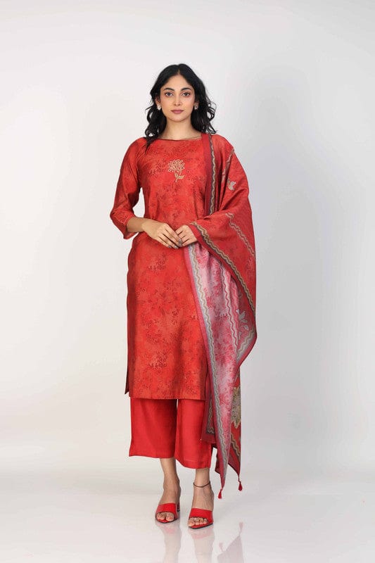 Dark Red 3/4th Sleeves Dola Silk Print placement with zari work and mirror work Calf length Kurta Set - With Dupatta