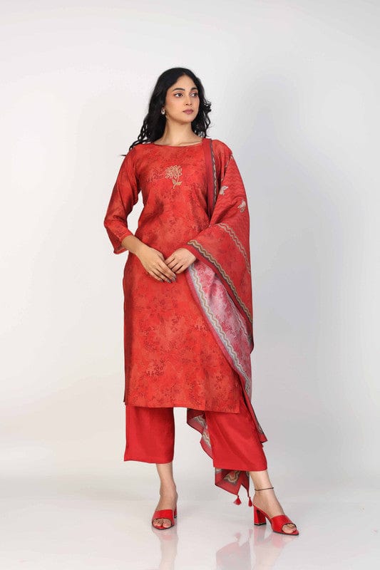Dark Red 3/4th Sleeves Dola Silk Print placement with zari work and mirror work Calf length Kurta Set - With Dupatta