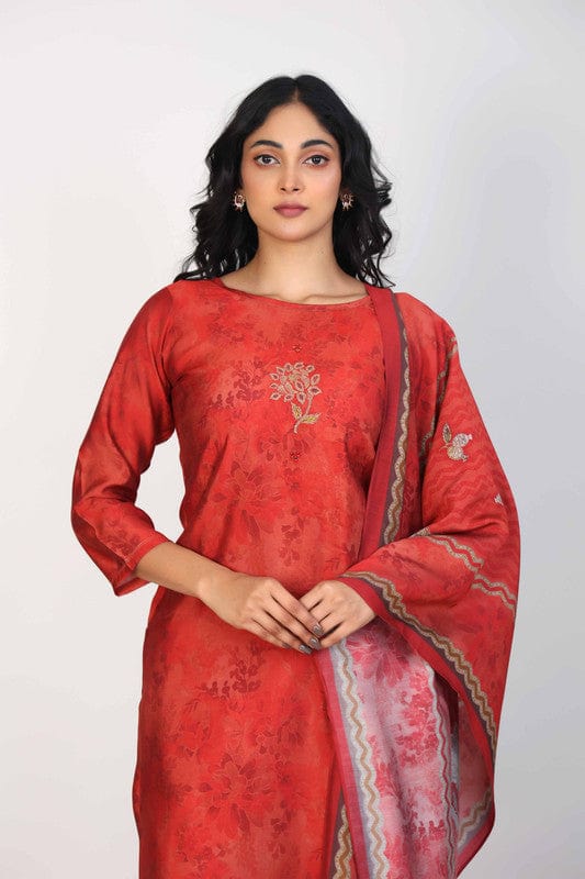 Dark Red 3/4th Sleeves Dola Silk Print placement with zari work and mirror work Calf length Kurta Set - With Dupatta