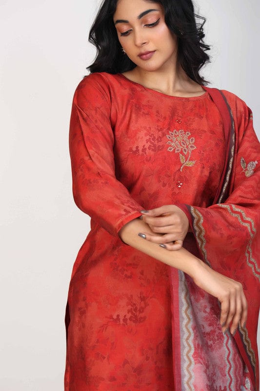 Dark Red 3/4th Sleeves Dola Silk Print placement with zari work and mirror work Calf length Kurta Set - With Dupatta