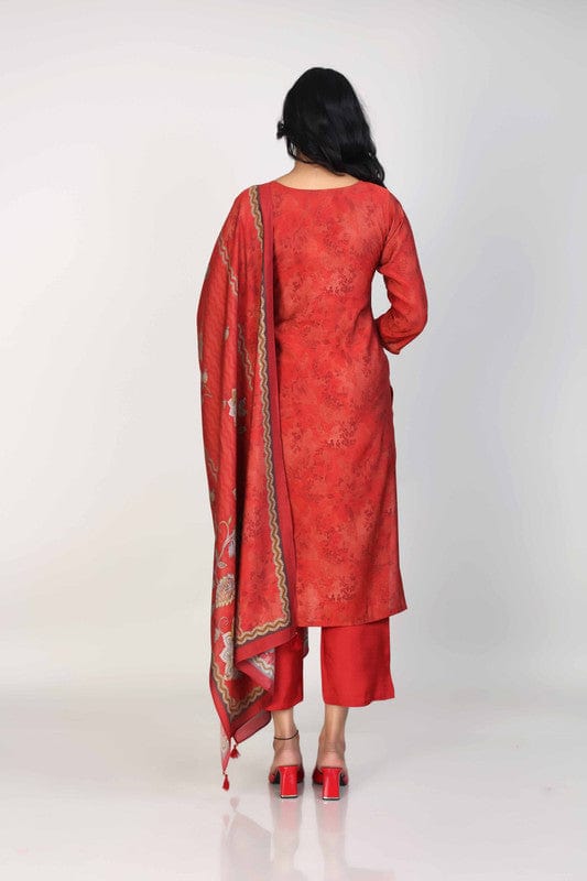 Dark Red 3/4th Sleeves Dola Silk Print placement with zari work and mirror work Calf length Kurta Set - With Dupatta