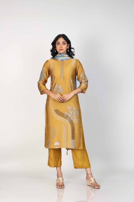 Mustard Yellow 3/4th Sleeves Dola Silk Mixed prints Calf length Kurta Set - With Dupatta