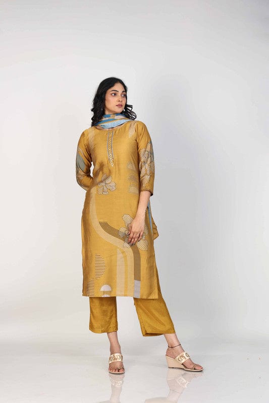Mustard Yellow 3/4th Sleeves Dola Silk Mixed prints Calf length Kurta Set - With Dupatta