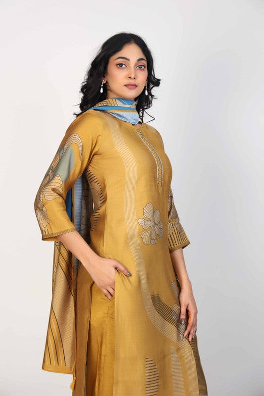 Mustard Yellow 3/4th Sleeves Dola Silk Mixed prints Calf length Kurta Set - With Dupatta