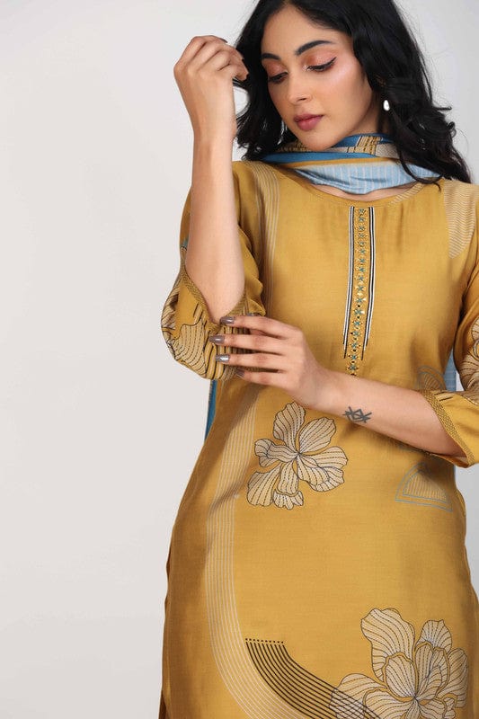 Mustard Yellow 3/4th Sleeves Dola Silk Mixed prints Calf length Kurta Set - With Dupatta