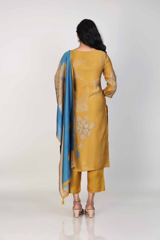 Mustard Yellow 3/4th Sleeves Dola Silk Mixed prints Calf length Kurta Set - With Dupatta