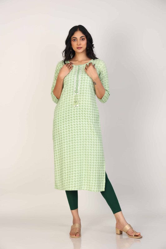 Green 3/4th Sleeves Rayon All over print and Neck placket thread work with tassels Calf length Kurta