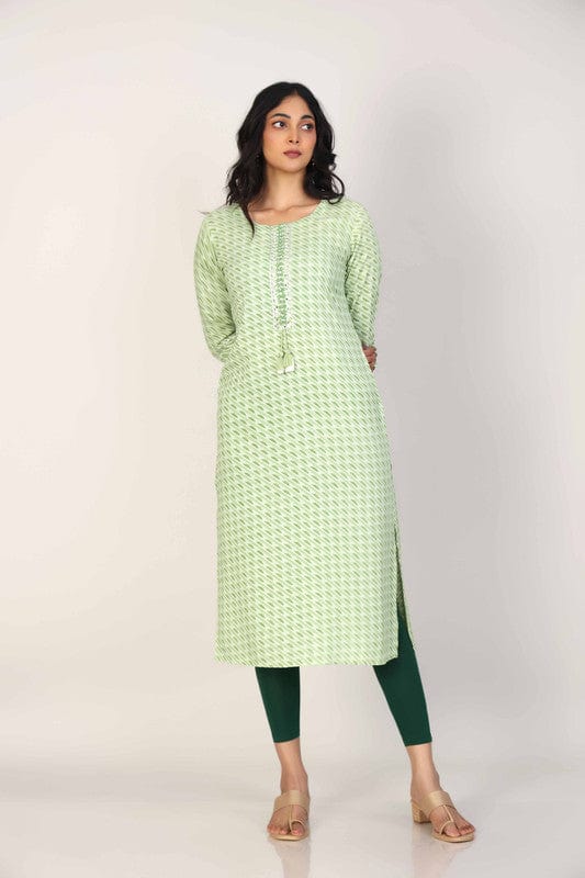 Green 3/4th Sleeves Rayon All over print and Neck placket thread work with tassels Calf length Kurta