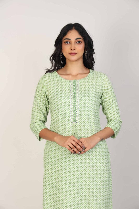 Green 3/4th Sleeves Rayon All over print and Neck placket thread work with tassels Calf length Kurta