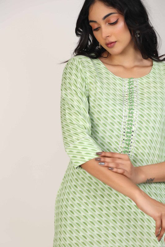 Green 3/4th Sleeves Rayon All over print and Neck placket thread work with tassels Calf length Kurta
