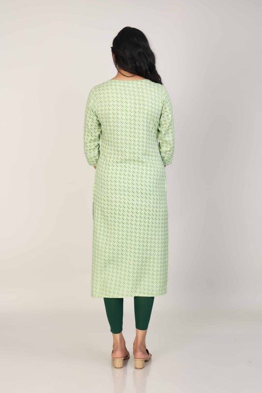 Green 3/4th Sleeves Rayon All over print and Neck placket thread work with tassels Calf length Kurta