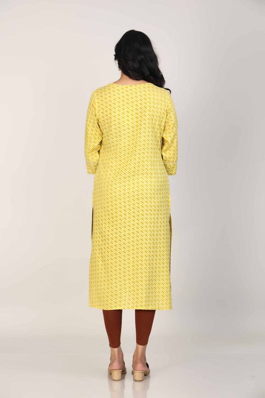 Yellow 3/4th Sleeves Rayon All over print and Neck placket thread work with tassels Calf length Kurta