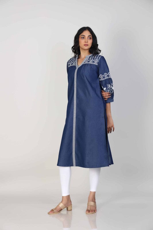 Navy 3/4th Sleeves Denim Thread work Calf length Loose Fit Kurta