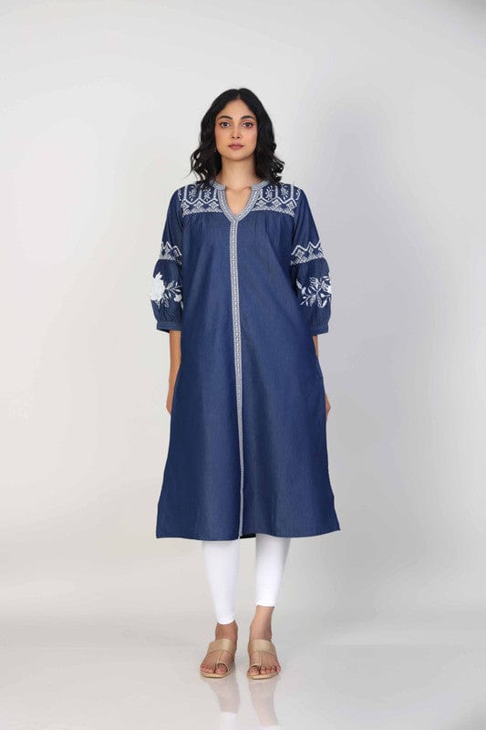 Navy 3/4th Sleeves Denim Thread work Calf length Loose Fit Kurta