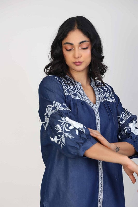 Navy 3/4th Sleeves Denim Thread work Calf length Loose Fit Kurta