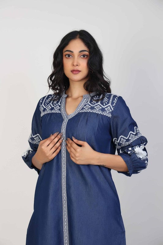 Navy 3/4th Sleeves Denim Thread work Calf length Loose Fit Kurta