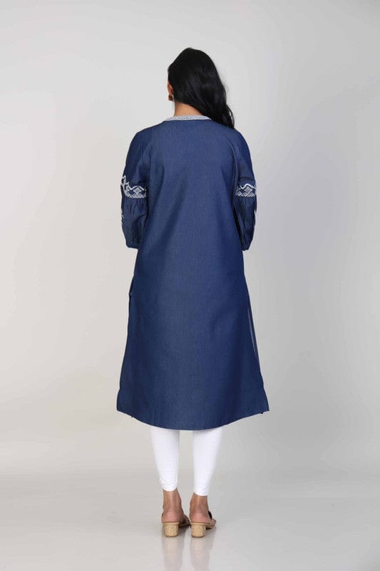 Navy 3/4th Sleeves Denim Thread work Calf length Loose Fit Kurta
