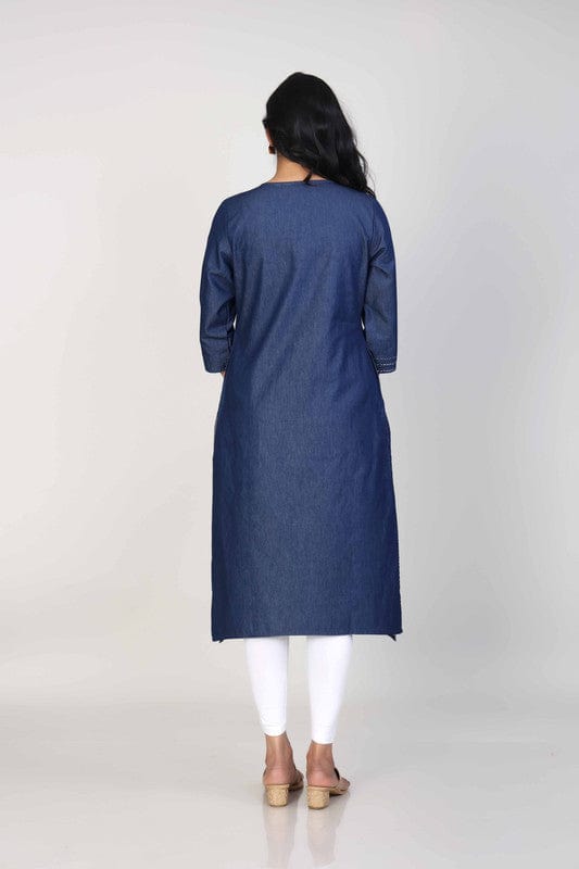 Navy 3/4th Sleeves Denim Thread work Calf length Kurta