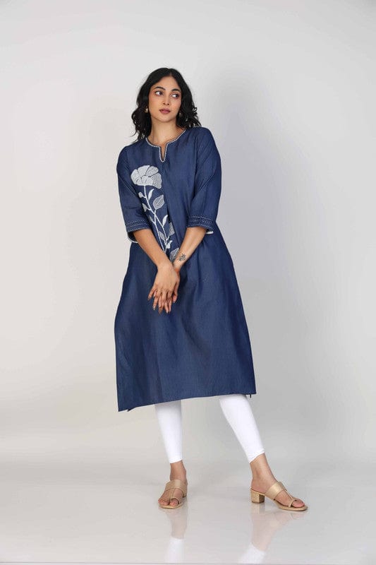 Navy 3/4th Sleeves Denim Thread work Calf length Kurta