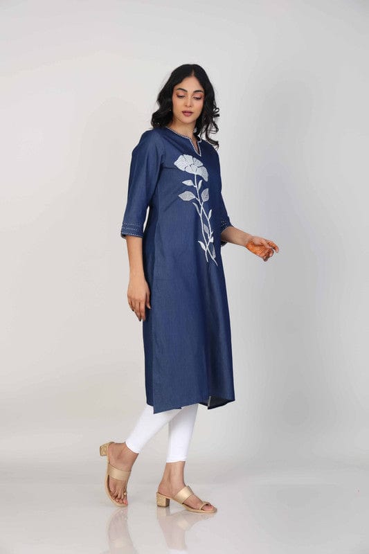 Navy 3/4th Sleeves Denim Thread work Calf length Kurta