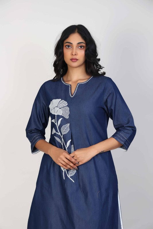 Navy 3/4th Sleeves Denim Thread work Calf length Kurta