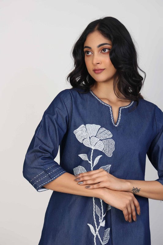 Navy 3/4th Sleeves Denim Thread work Calf length Kurta