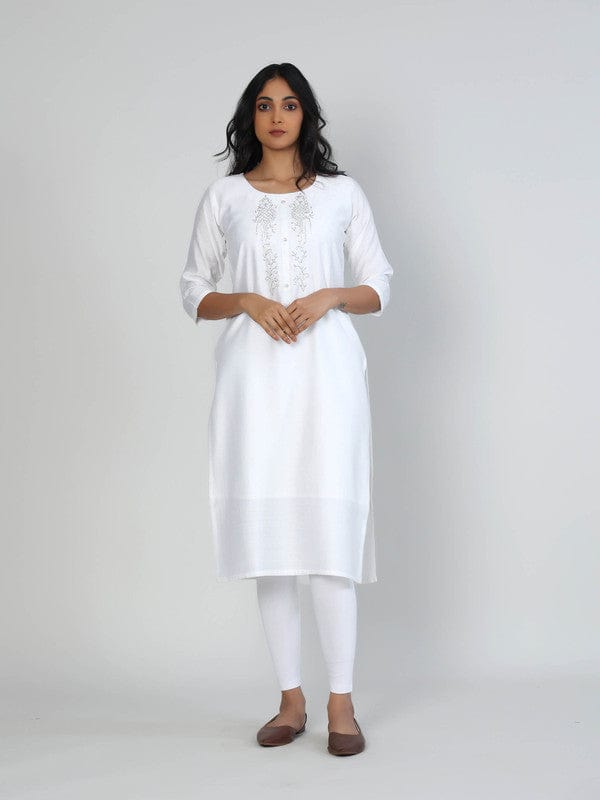 White 3/4th Sleeves Viscose Embellishment work on neck placket Calf length Kurta
