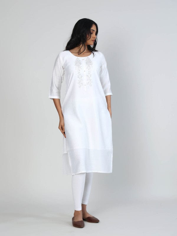 White 3/4th Sleeves Viscose Embellishment work on neck placket Calf length Kurta