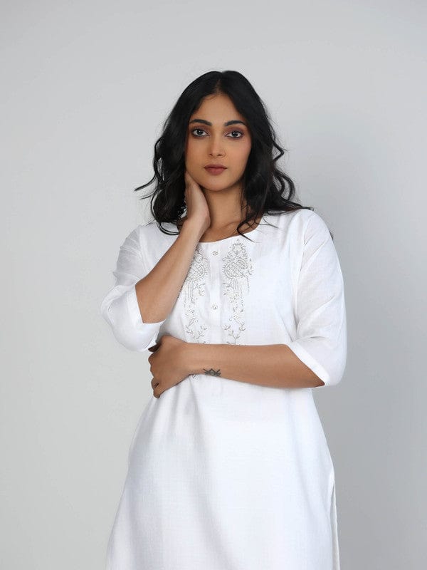 White 3/4th Sleeves Viscose Embellishment work on neck placket Calf length Kurta