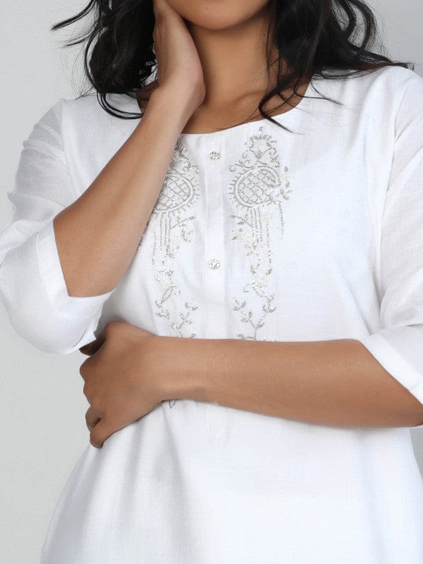 White 3/4th Sleeves Viscose Embellishment work on neck placket Calf length Kurta
