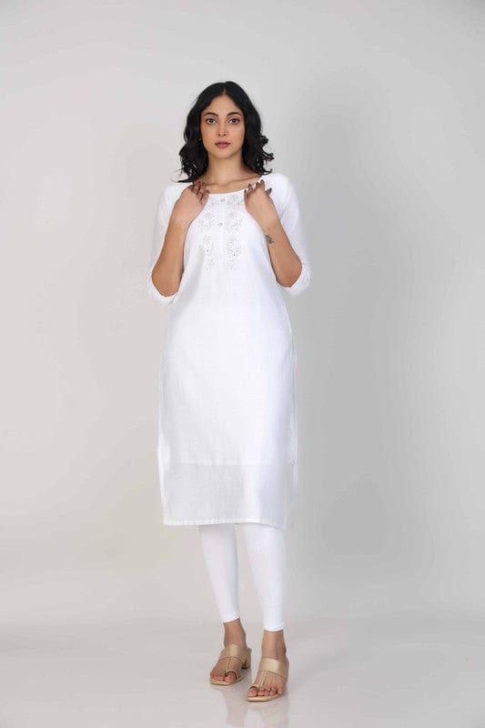 White 3/4th Sleeves Viscose Embellishment work Calf length Regular Fit Kurta