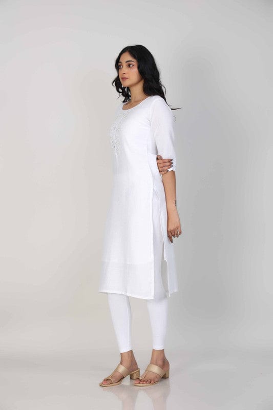 White 3/4th Sleeves Viscose Embellishment work Calf length Regular Fit Kurta