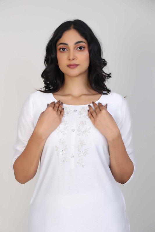 White 3/4th Sleeves Viscose Embellishment work Calf length Regular Fit Kurta
