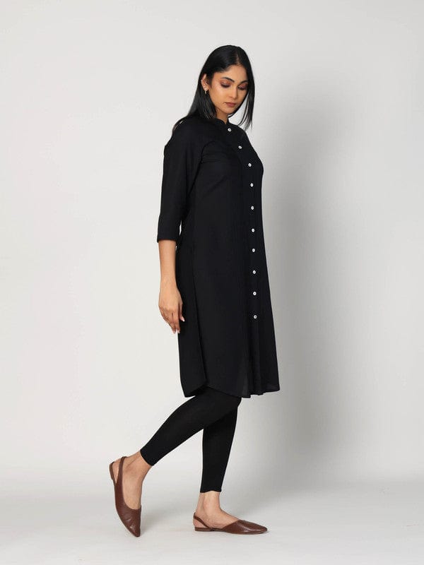 Black 3/4th Sleeves Rayon Solid Calf length Kurta