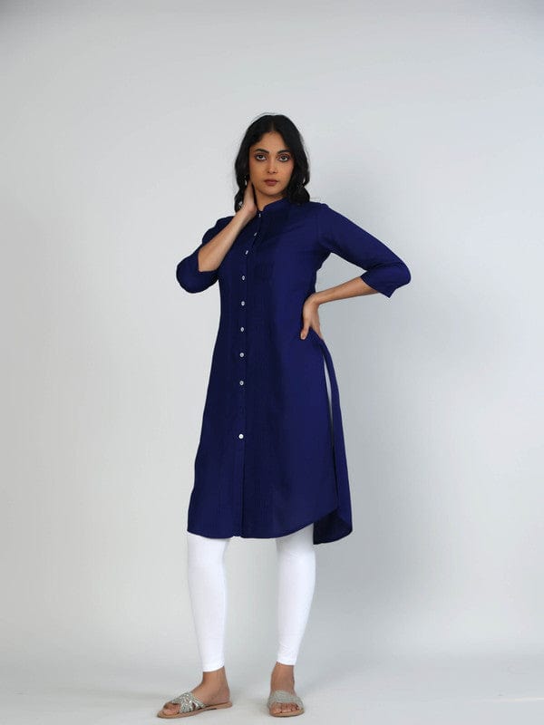 Blue 3/4th Sleeves Rayon Solid Calf length Kurta