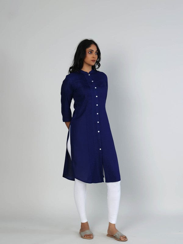Blue 3/4th Sleeves Rayon Solid Calf length Kurta