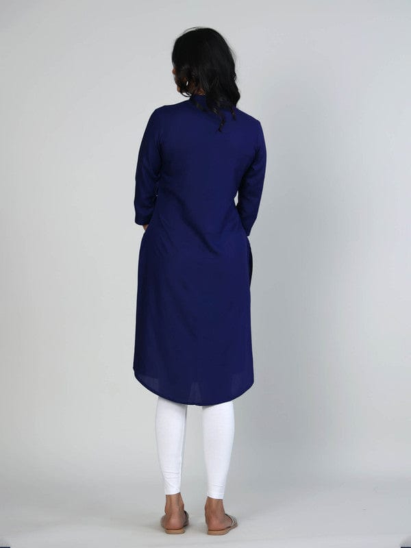 Blue 3/4th Sleeves Rayon Solid Calf length Kurta