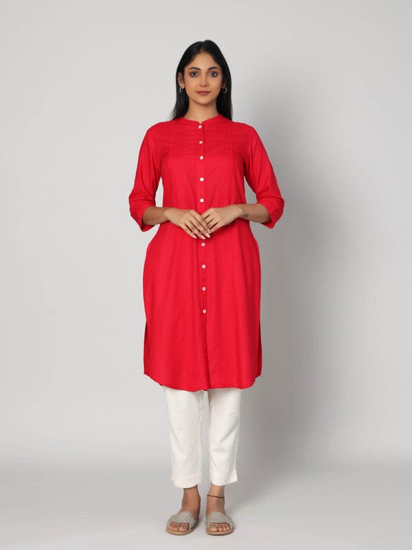 Fuchsia 3/4th Sleeves Rayon Solid Calf length Kurta